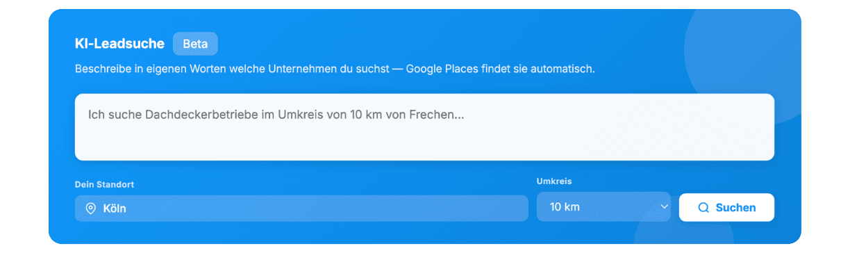 ebnity X KI-Suchleiste mit Freitext-Eingabe für die B2B Lead-Suche