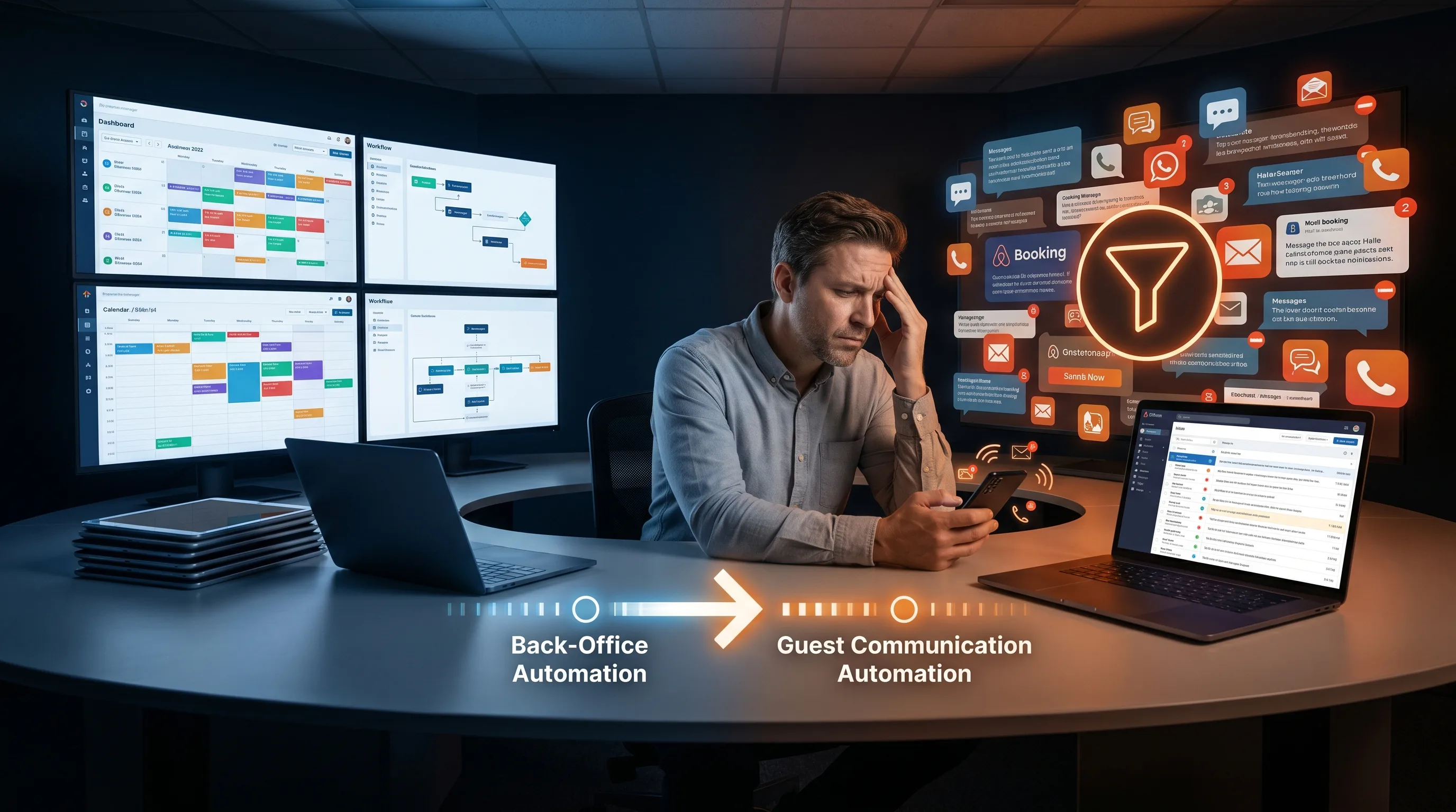 Short-term rental operations team surrounded by repeated guest messages while automation starts at the wrong workflow.