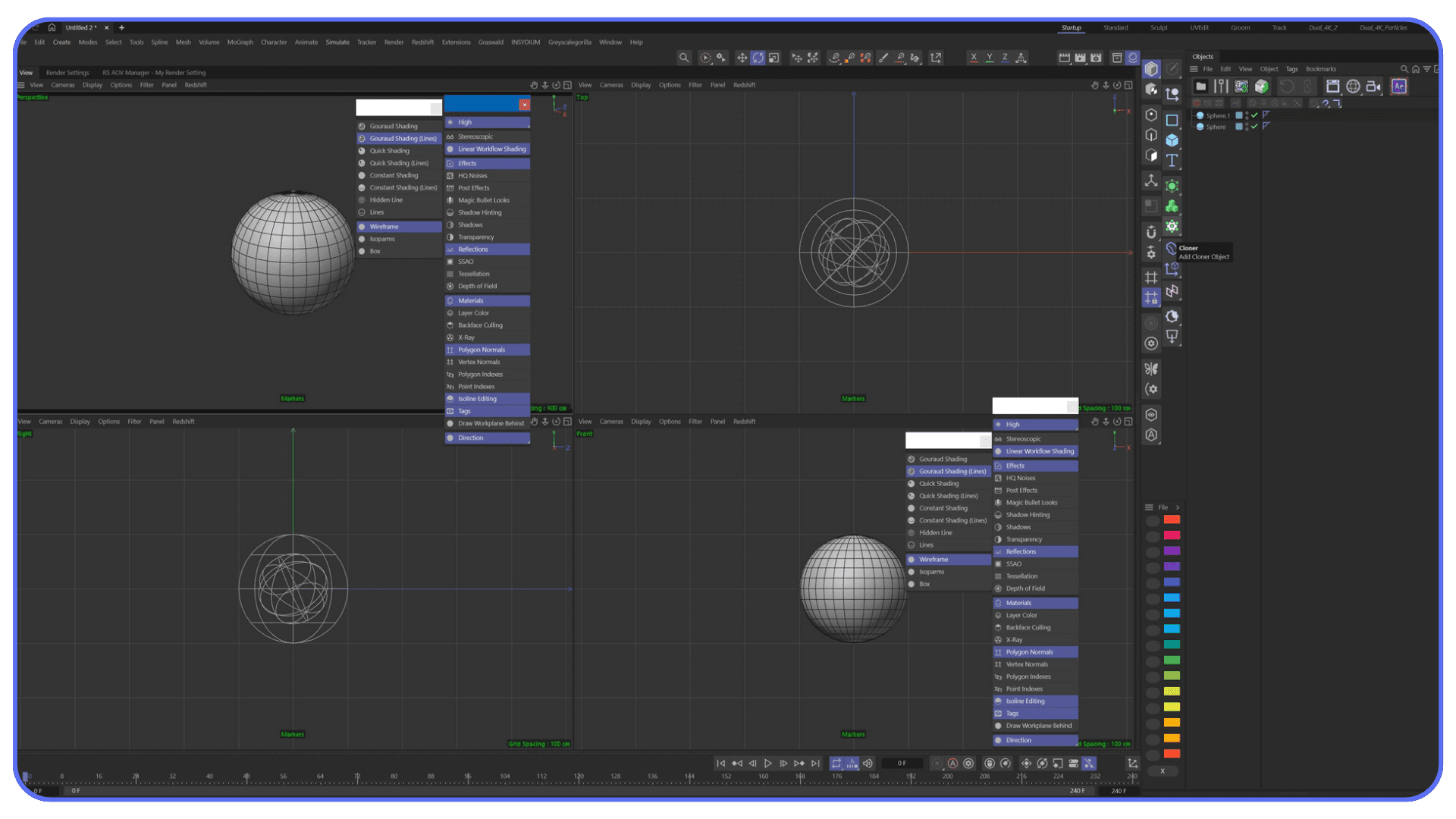 Cinema 4D four-view layout showing viewport shading options and grid views with a sphere object