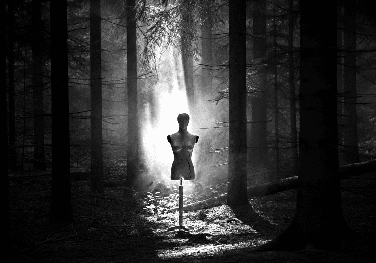 A mannequin standing eerily in the middle of a dark forest at night, surrounded by tall trees and faint mist. The moonlight breaks through the branches, casting dramatic shadows on the ground. The mannequin looks lifelike yet unsettling, with a slightly cracked surface reflecting the pale light. A mysterious, cinematic, and haunting atmosphere.
