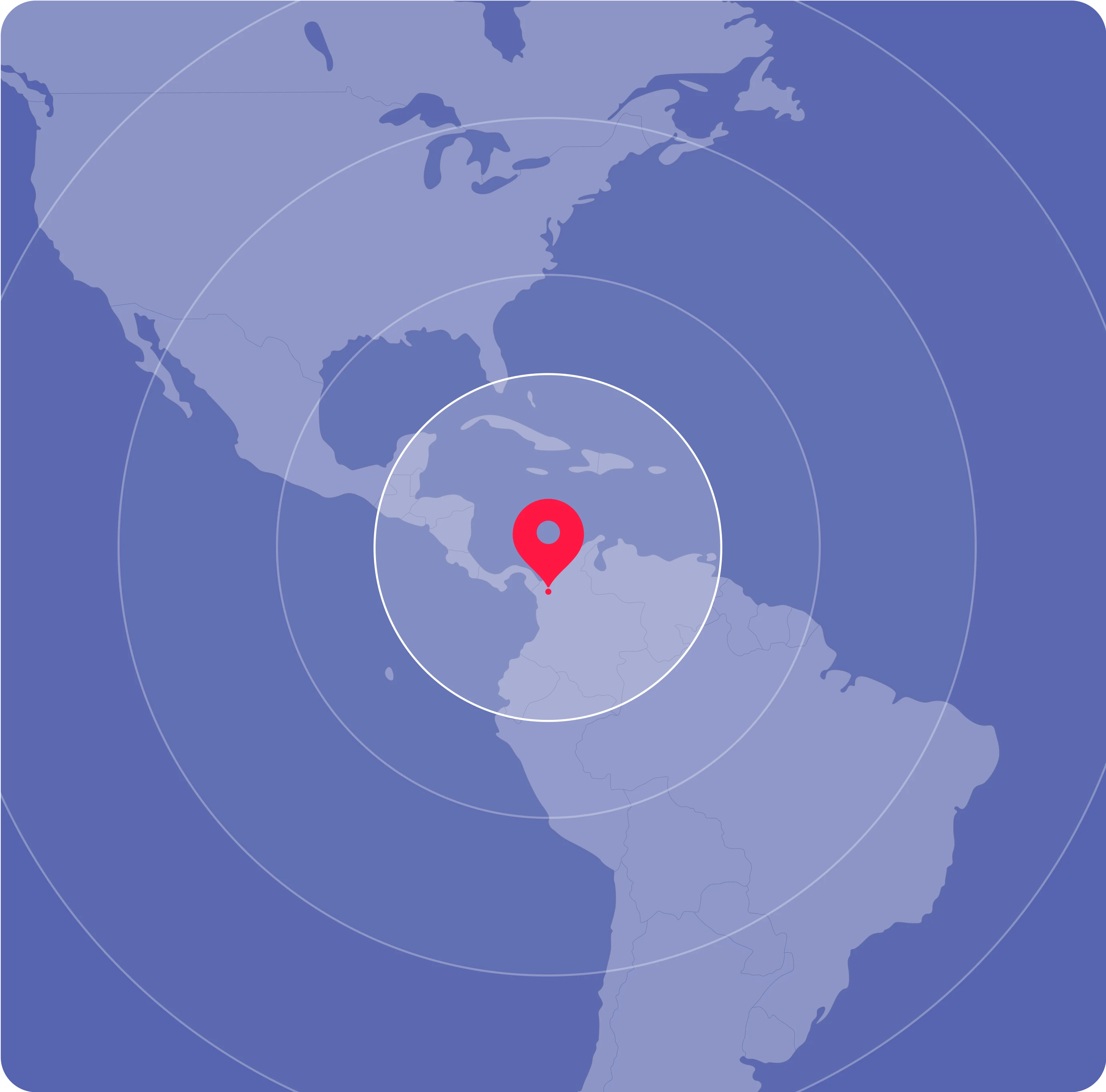 Stylized map in various shades of blue showing a simplified outline of North and South America. A red location pin is prominently placed over Central America, surrounded by concentric white circles indicating a specific point of interest or location. The overall design is minimalistic and focuses on highlighting the selected region on the map.