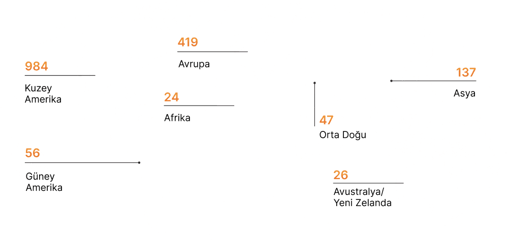 World map highlighting various locations with black and orange markers.