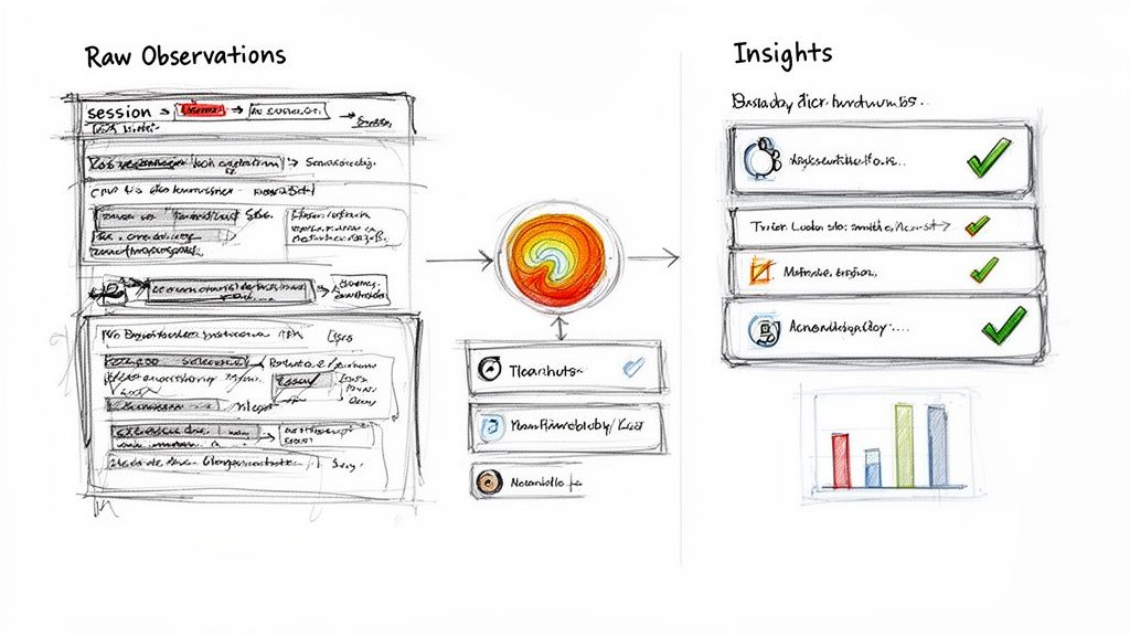 A handwritten diagram illustrates the transformation from raw research observations into derived insights, including a bar chart.