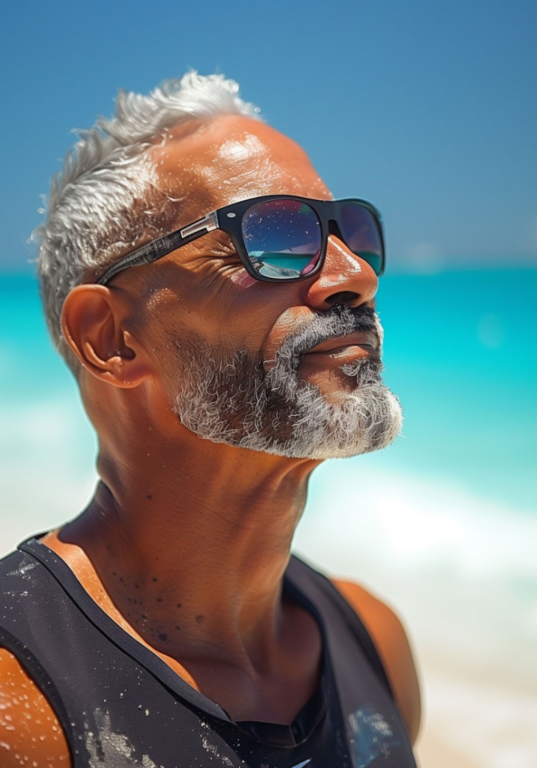 serene middle aged man at beach