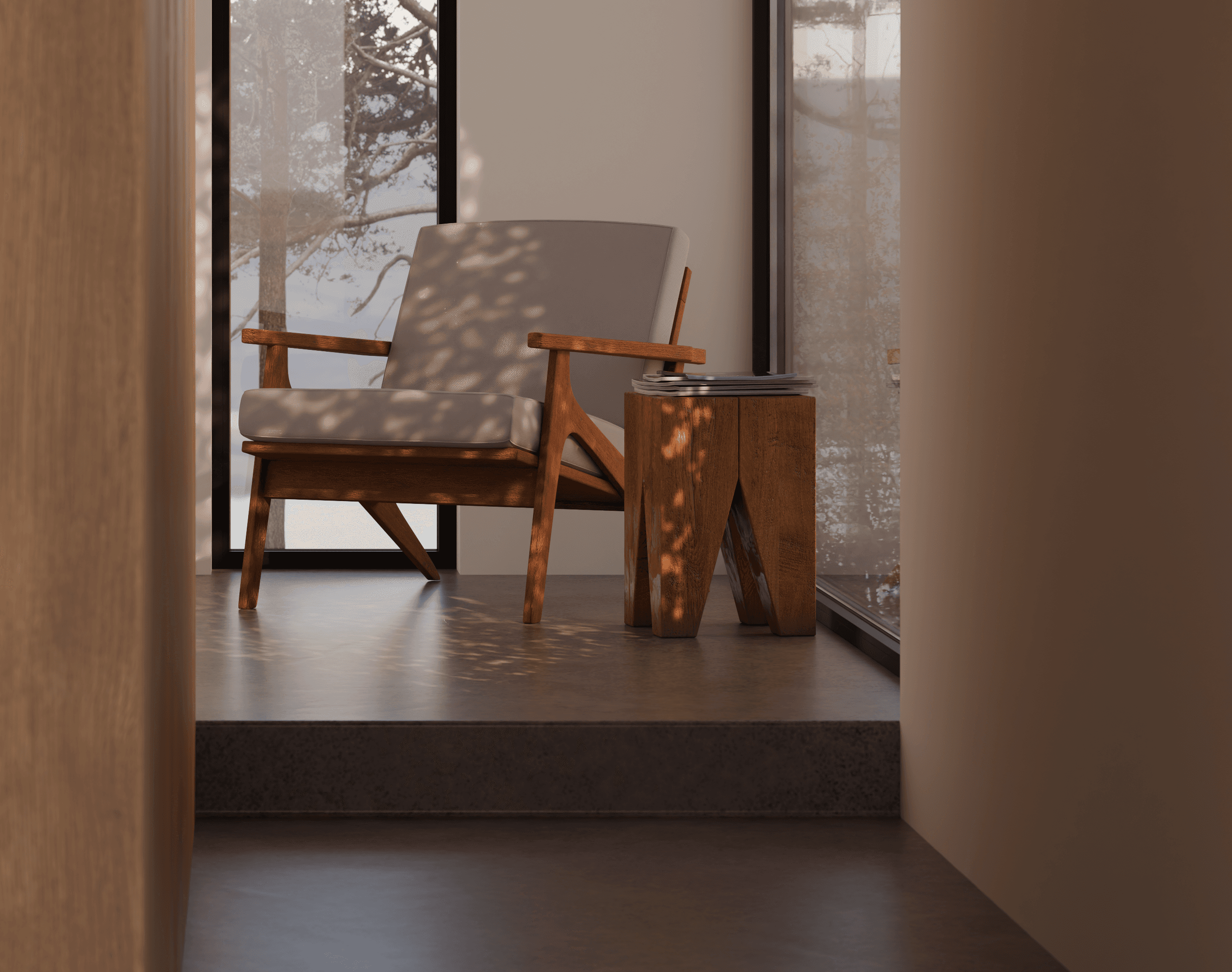 Rendu 3D fauteuil en bois massif dans un espace de lecture baigné de lumière naturelle, gîte scandinave — Aure Moukala