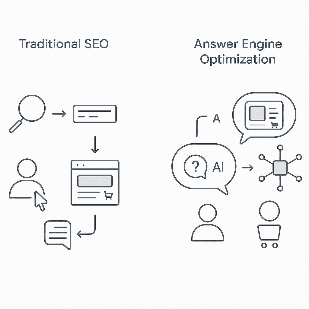 Two-panel diagram contrasting SEO click path with answer engine direct product discovery