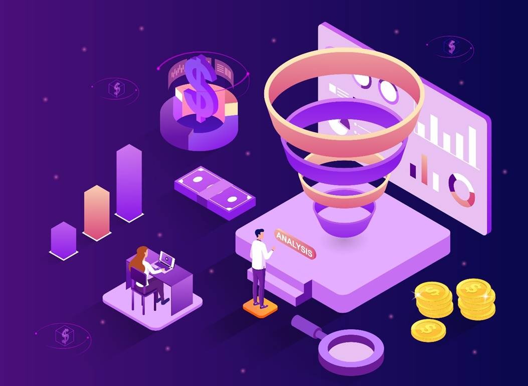 Isometric illustration of a marketing funnel analysis with bar charts, dollar symbols, and campaign data