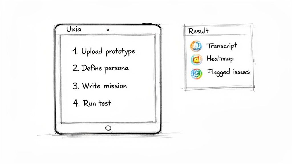 A sketch illustrates a tablet outlining UXia user testing steps, alongside a 'Result' box displaying analysis outputs.