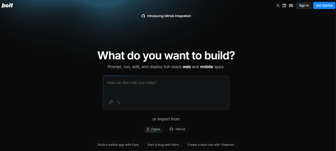 Interface da ferramenta Bolt.new