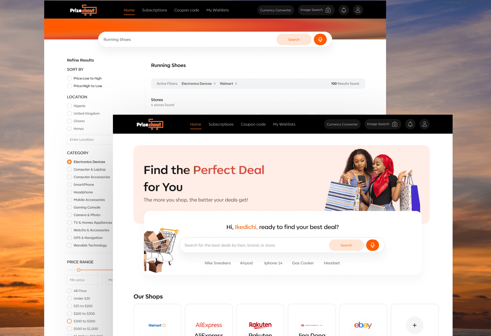 Interface of Prizeskout