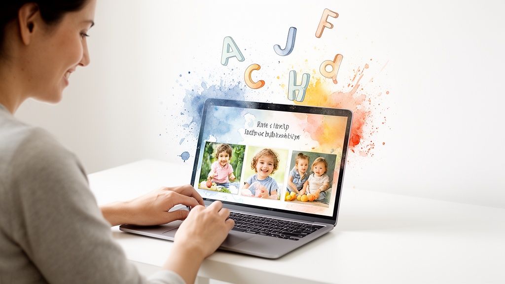 A smiling woman designs a personalized alphabet book on her laptop with children's photos.