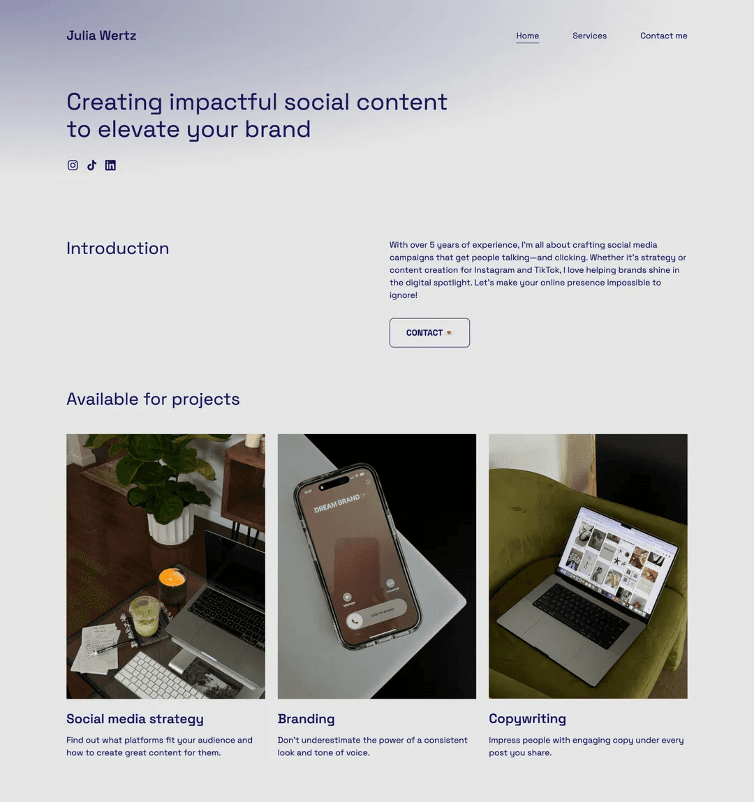 A social media portfolio example made with Copyfolio, for Julia Wertz, using the Ink color palettes and Space Grotesk font.