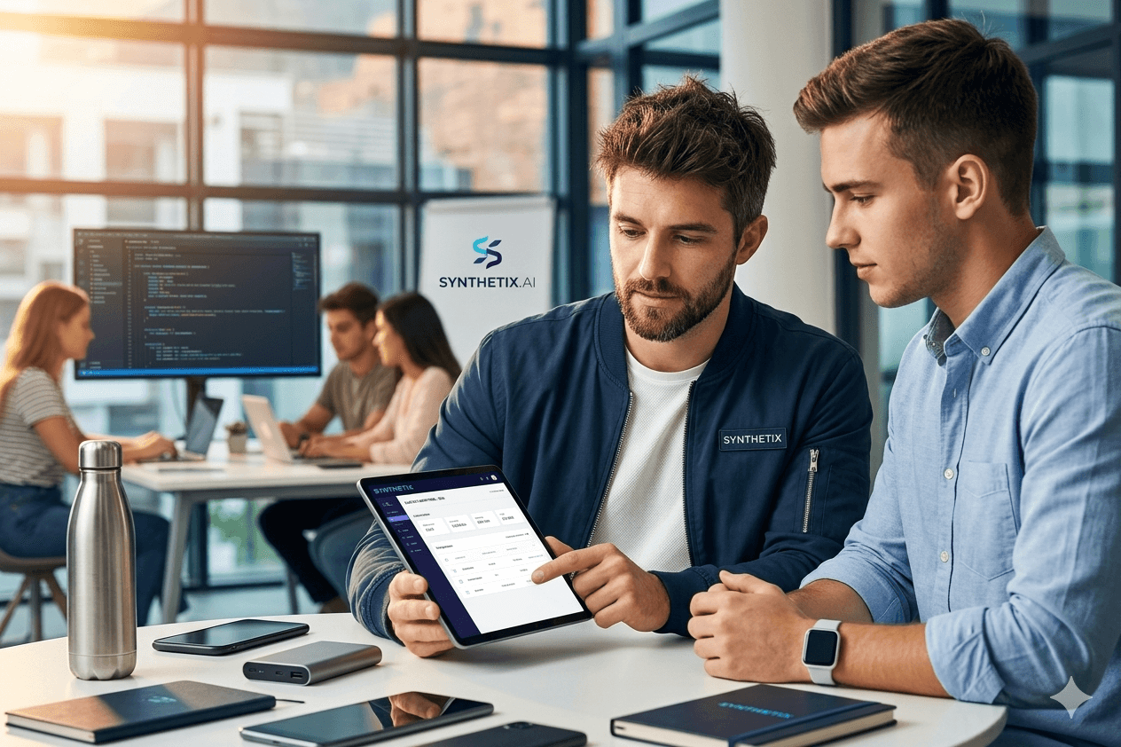 Team in a modern tech office reviewing a tablet that appears to show a MergeX valuation dashboard, with colleagues working on laptops and code visible on a large monitor in the background.