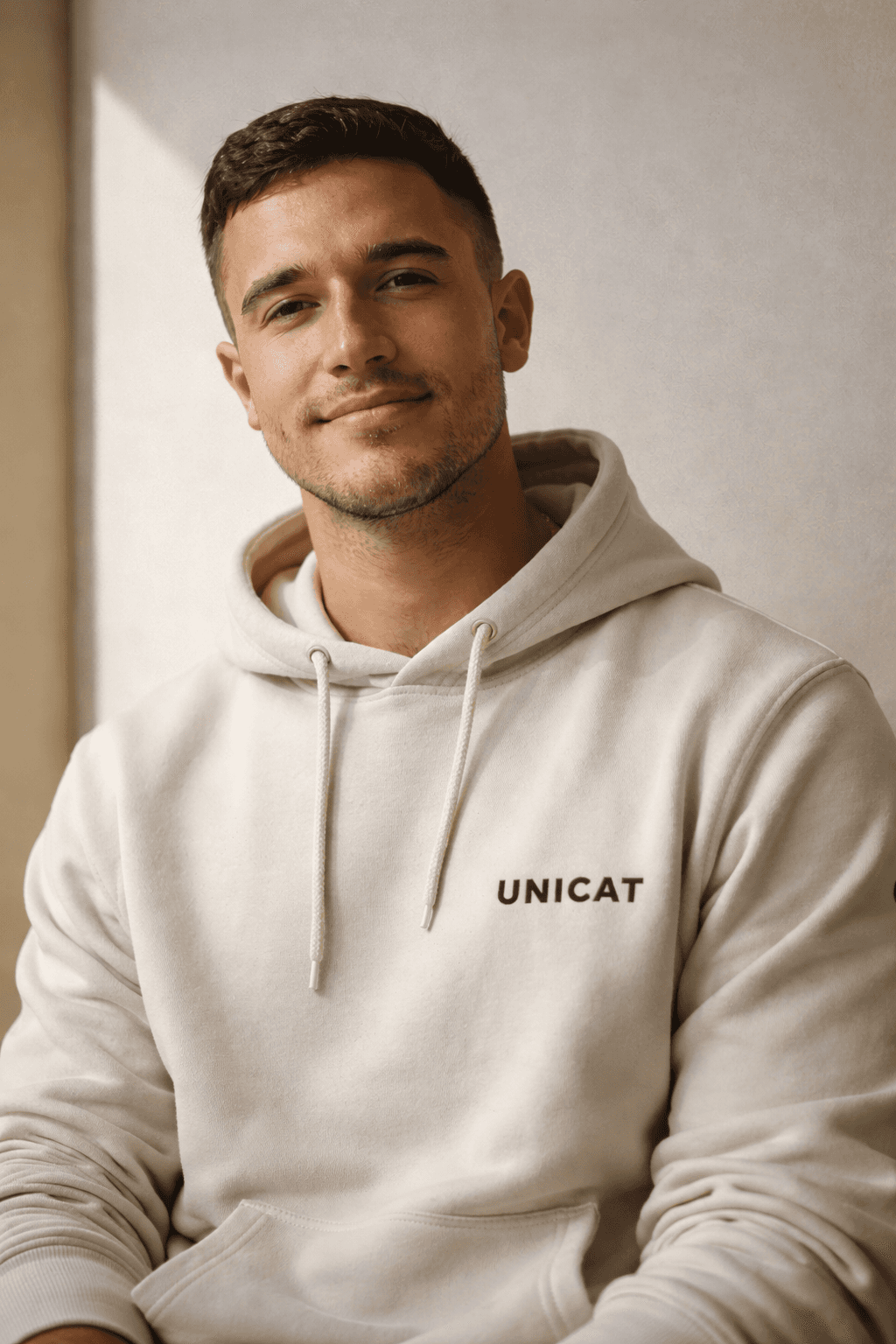 Man with short dark hair wearing a light green shirt, sitting near a window in soft light