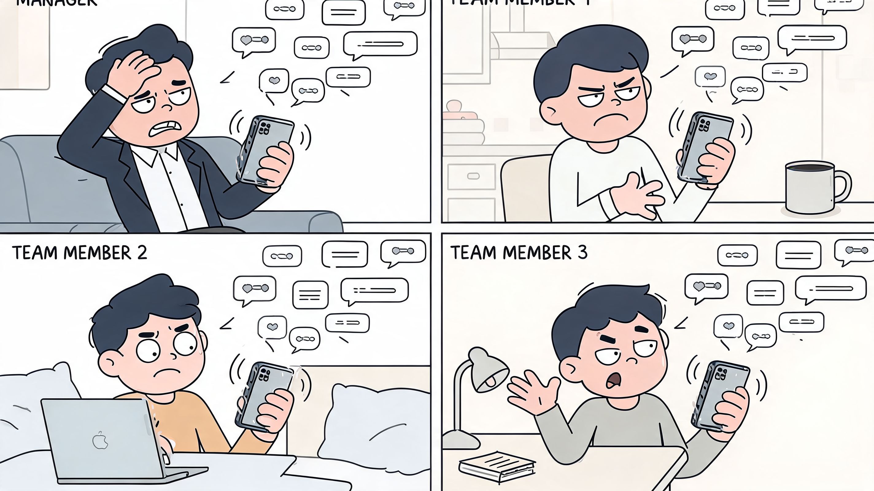 A four-panel comic strip showing stressed office team members reacting to constant mobile phone notification sounds.