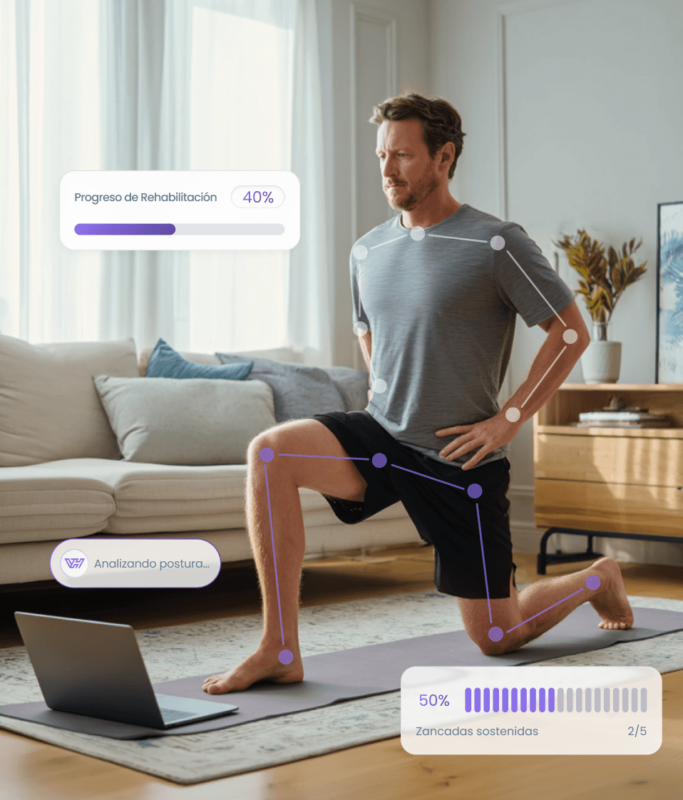 Man Performing PT stretches in his living room with a virutal therapist