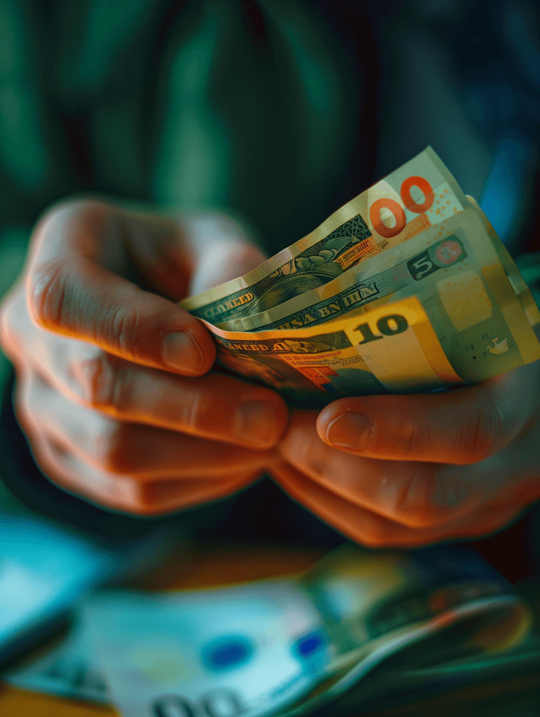 Hands holding various denominations of cash, with a blurred background emphasizing the money.