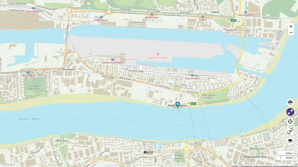 Map showing London City Airport and the River Thames.