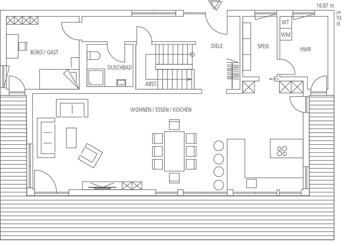Grundriss einer Wohnung mit Wohn-/Ess-/Kochbereich, Büro/Gästezimmer, Duschbad und HWR, Maße 16,87m x 9,37m.