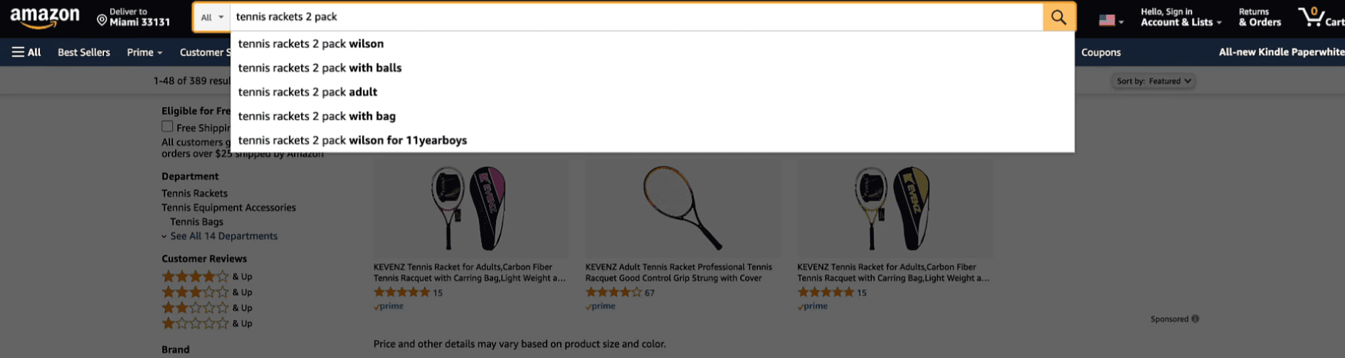 Recherche de Packs économiques de raquettes de tennis sur Amazon ciblant les joueurs occasionnels