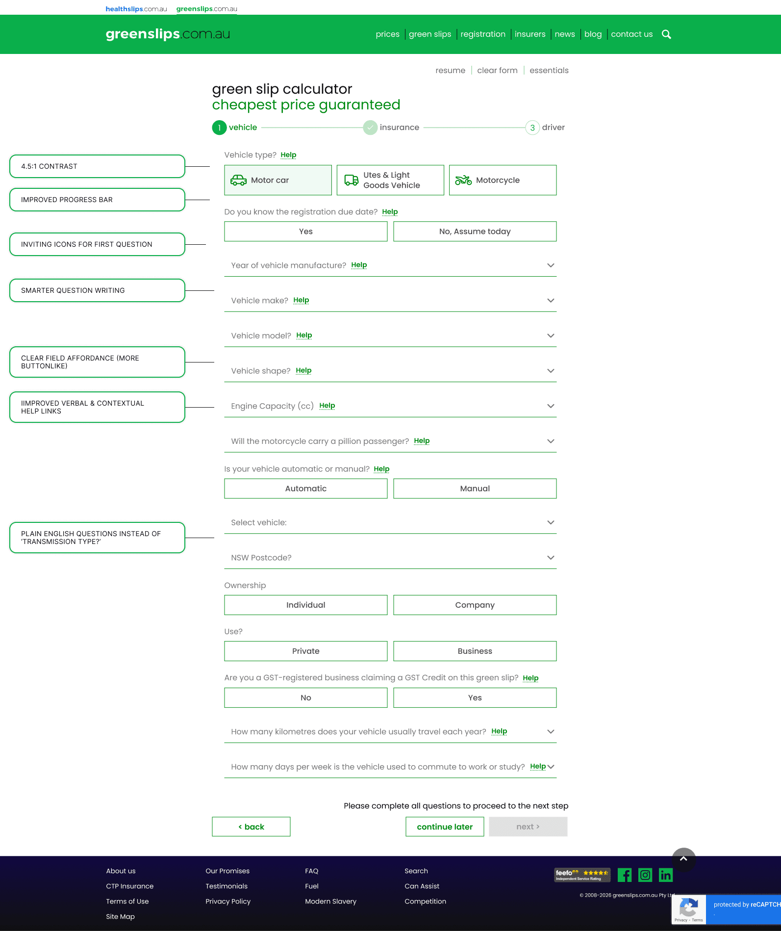 Green slip calculator step 1 after UX audit