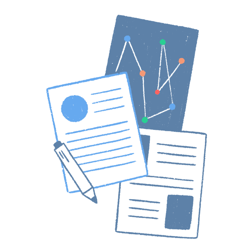 Illustration of documents, a graph, and a pencil. Represents data analysis or report generation.