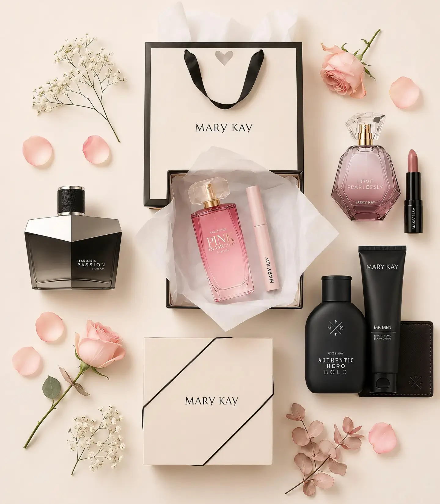 Seleção de presentes Mary Kay para o Dia dos Namorados com fragrâncias, maquiagem, cuidados masculinos e autocuidado.