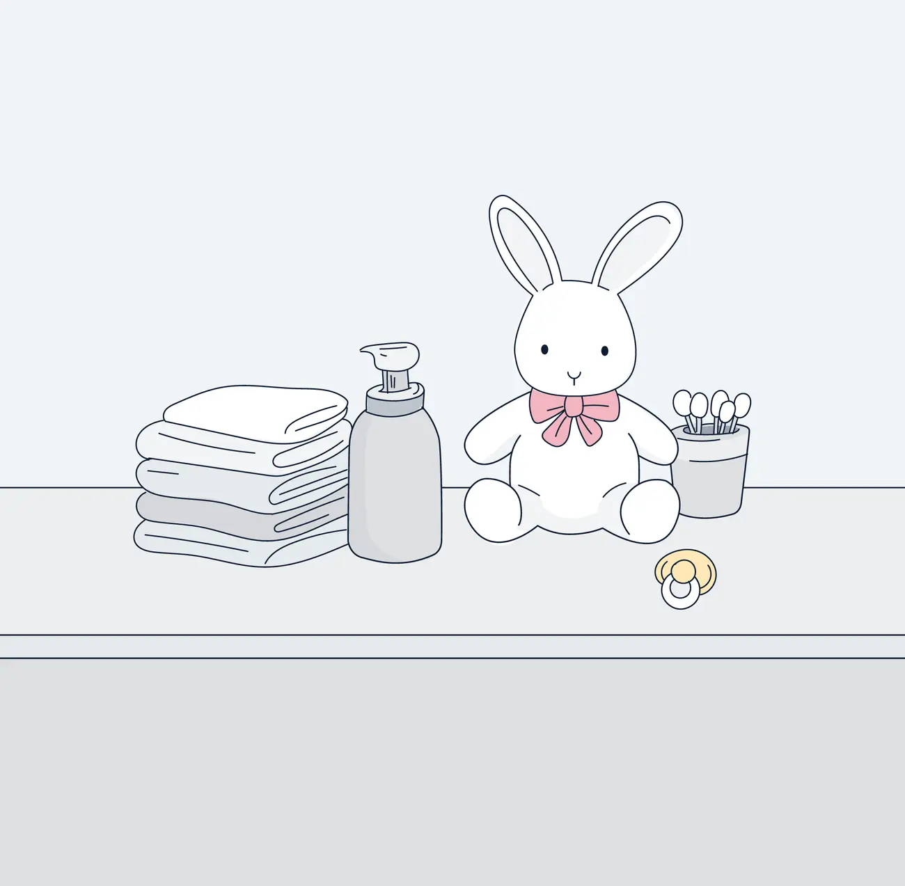 Illustration of a stuffed rabbit toy, folded towels, a soap dispenser, cotton buds and a pacifier on a nursery shelf