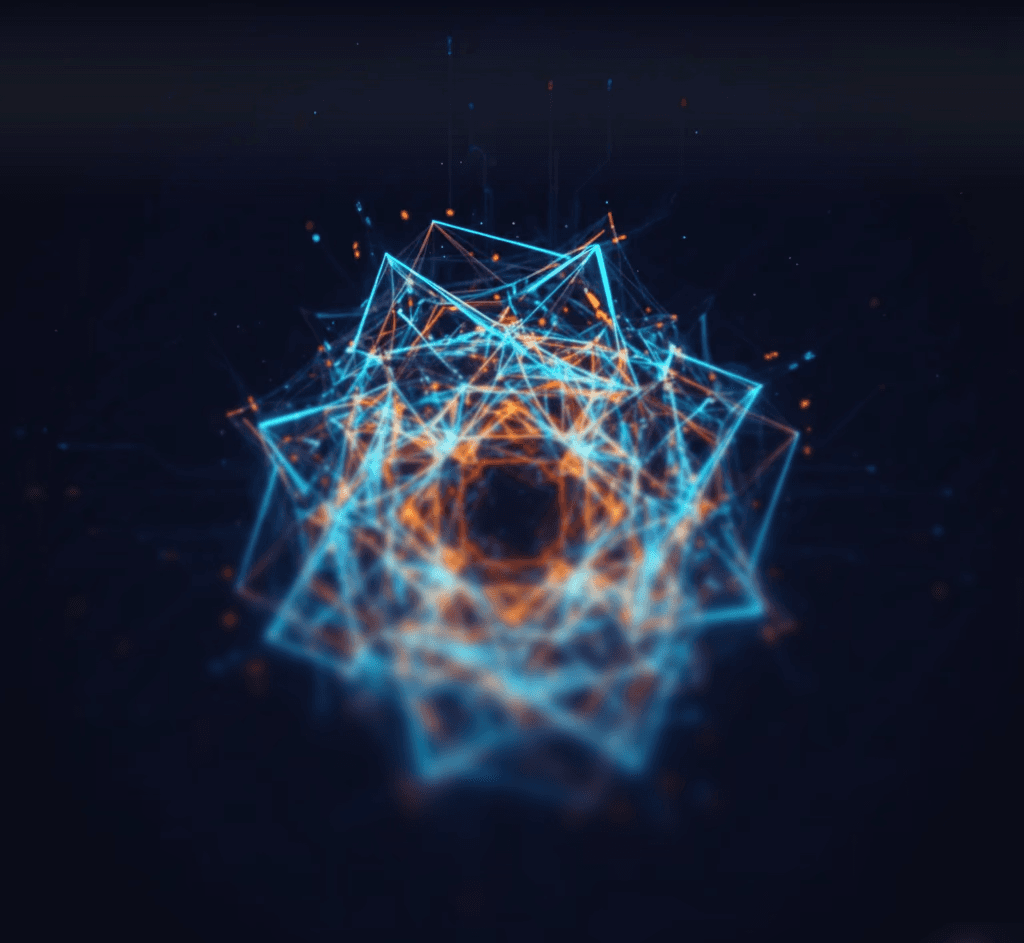 A dark, abstract background with luminous orange and blue lines, evoking a sense of digital infrastructure or a circuit board.