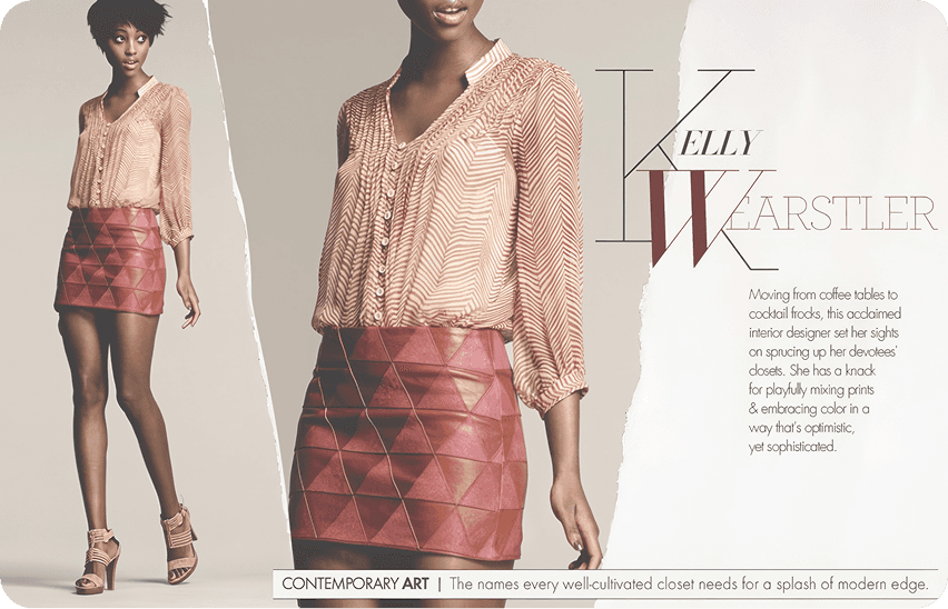 Kelly Wearstler fashion editorial featuring model in geometric print skirt and striped blouse for Neiman Marcus magazine