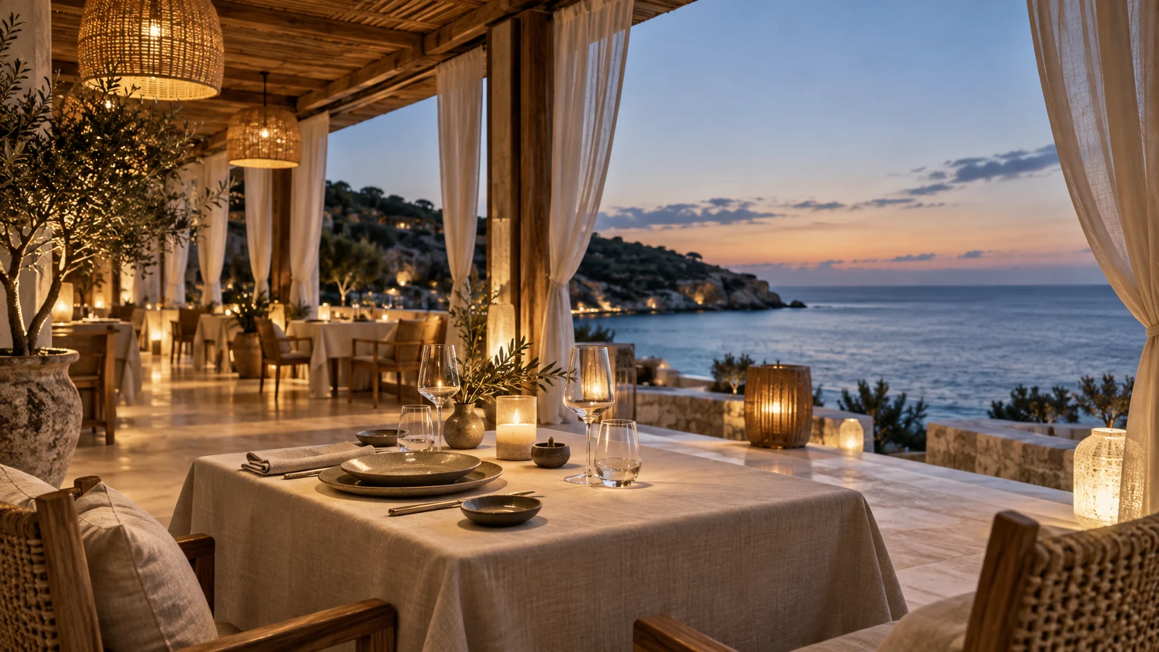 Ocean-facing table beneath a teak roof