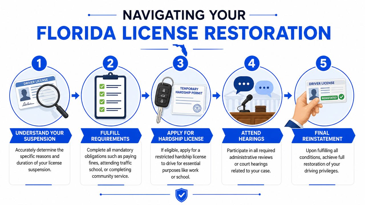 A five-step infographic guide detailing the process for restoring a suspended driver license in Florida.