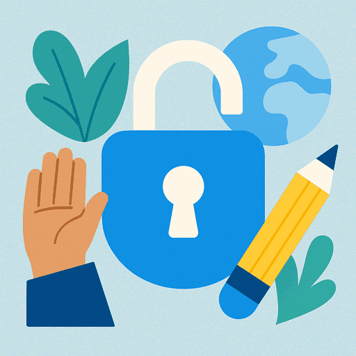 A blue lock surounded by a hand, a pencil, a world and leaves