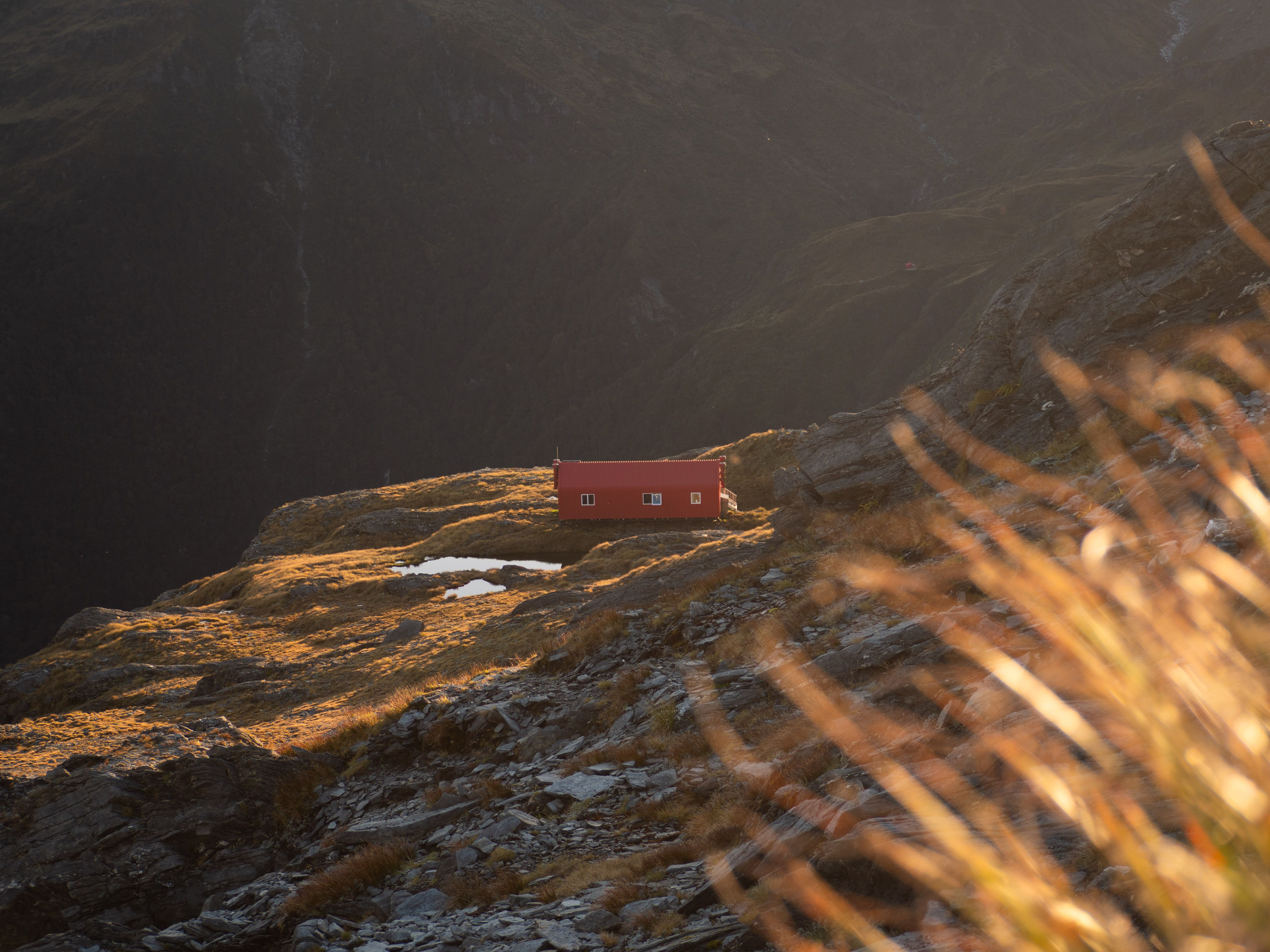 A small red hut on a rocky, sunlit ledge with golden tussock in the foreground