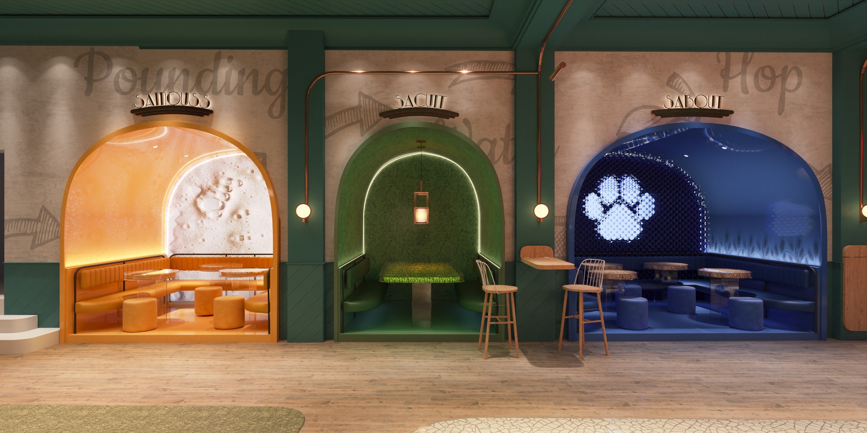Alcoves with process of beer brewing for Tiger Bock design concept bar in Strasbourg 