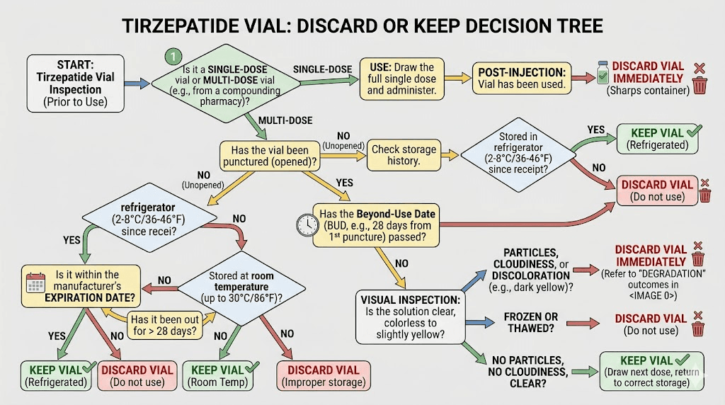 Decision flowchart for when to discard tirzepatide vial