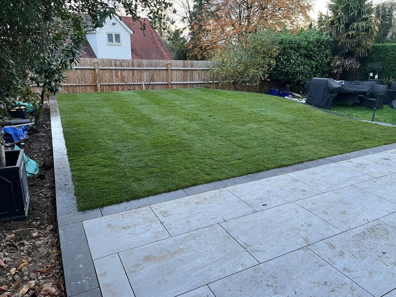 Modern backyard garden with warm lighting