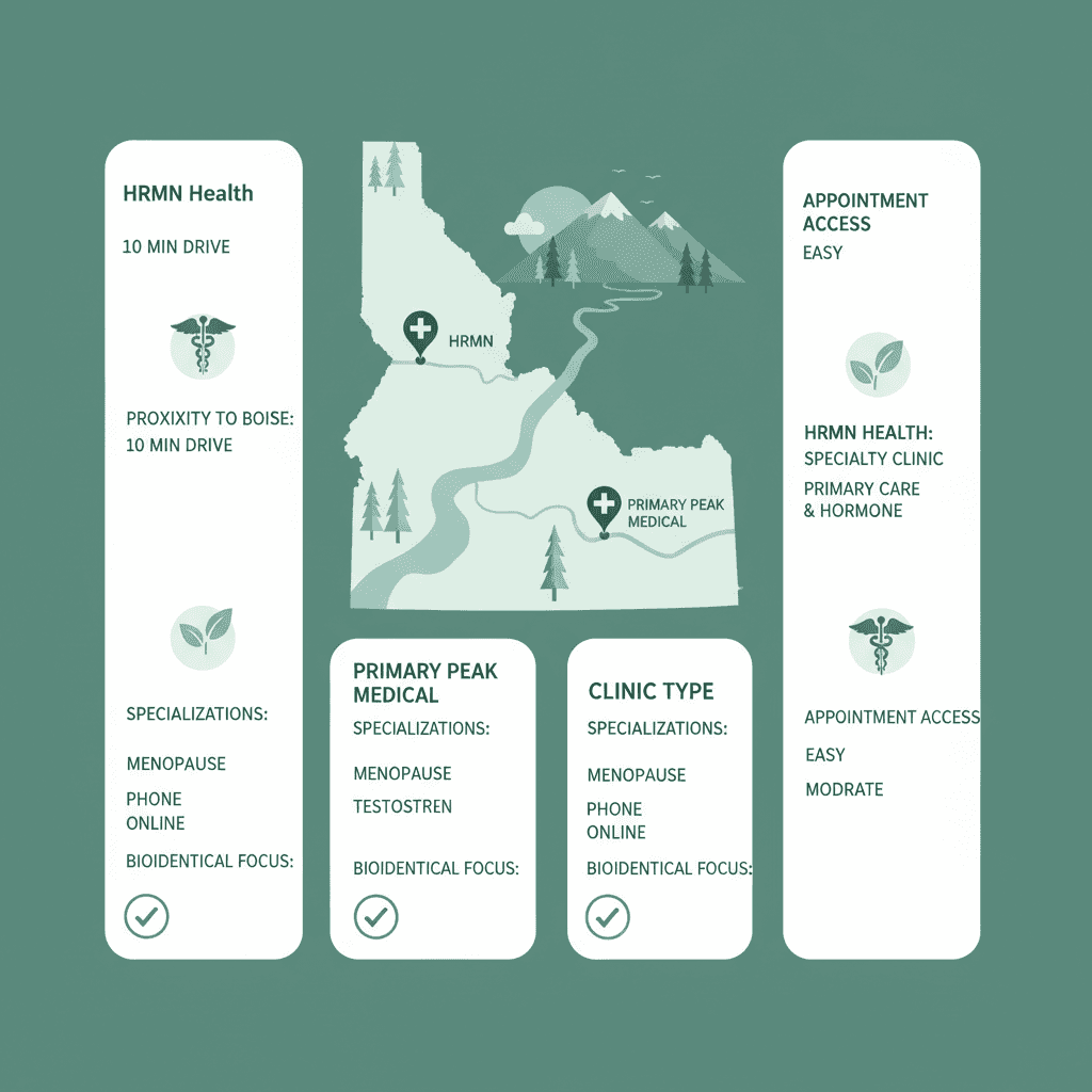 Infographic of hormone therapy clinics in Boise area featuring map and comparison columns for location, specializations, scheduling, and bioidentical options