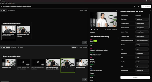 Selects editing workspace with draft timeline, categorized clips, and synchronized multicam shots ready for NLE handoff.