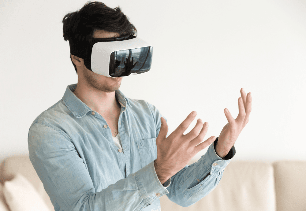 First-time VR user seeing their hands in VR headset
