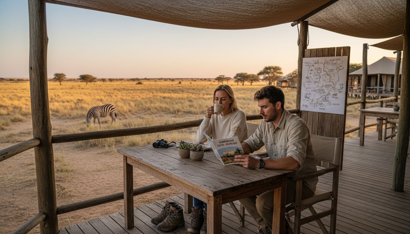 Couple planning safari at lodge deck