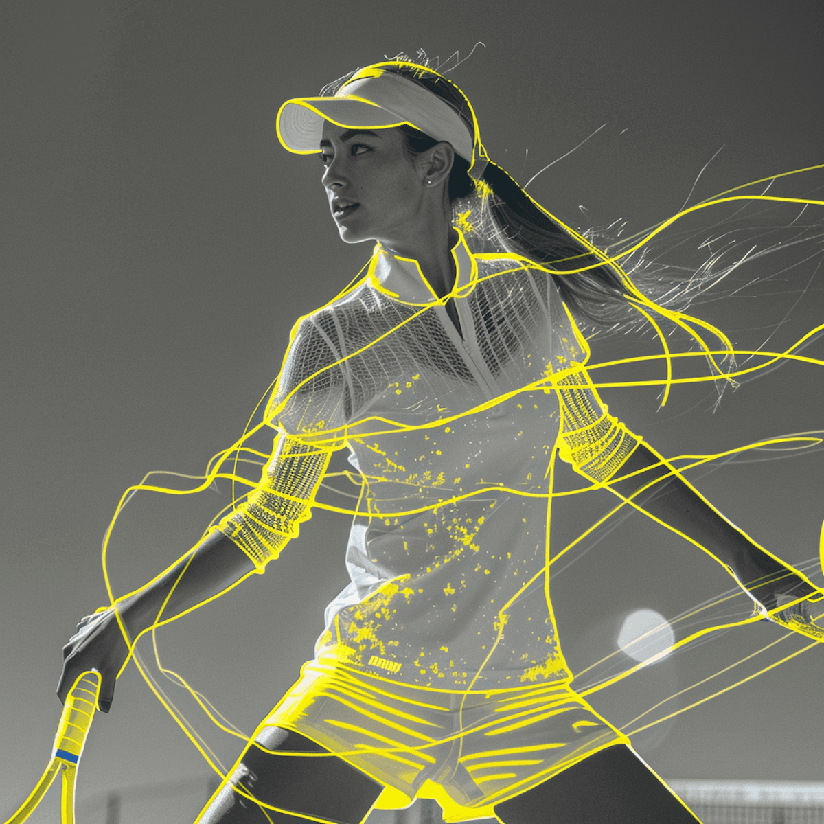 A female tennis player in action, wearing a white outfit and visor, gripping a tennis racquet, overlaid with dynamic neon yellow light streaks, symbolizing speed and energy on a sunlit tennis court.