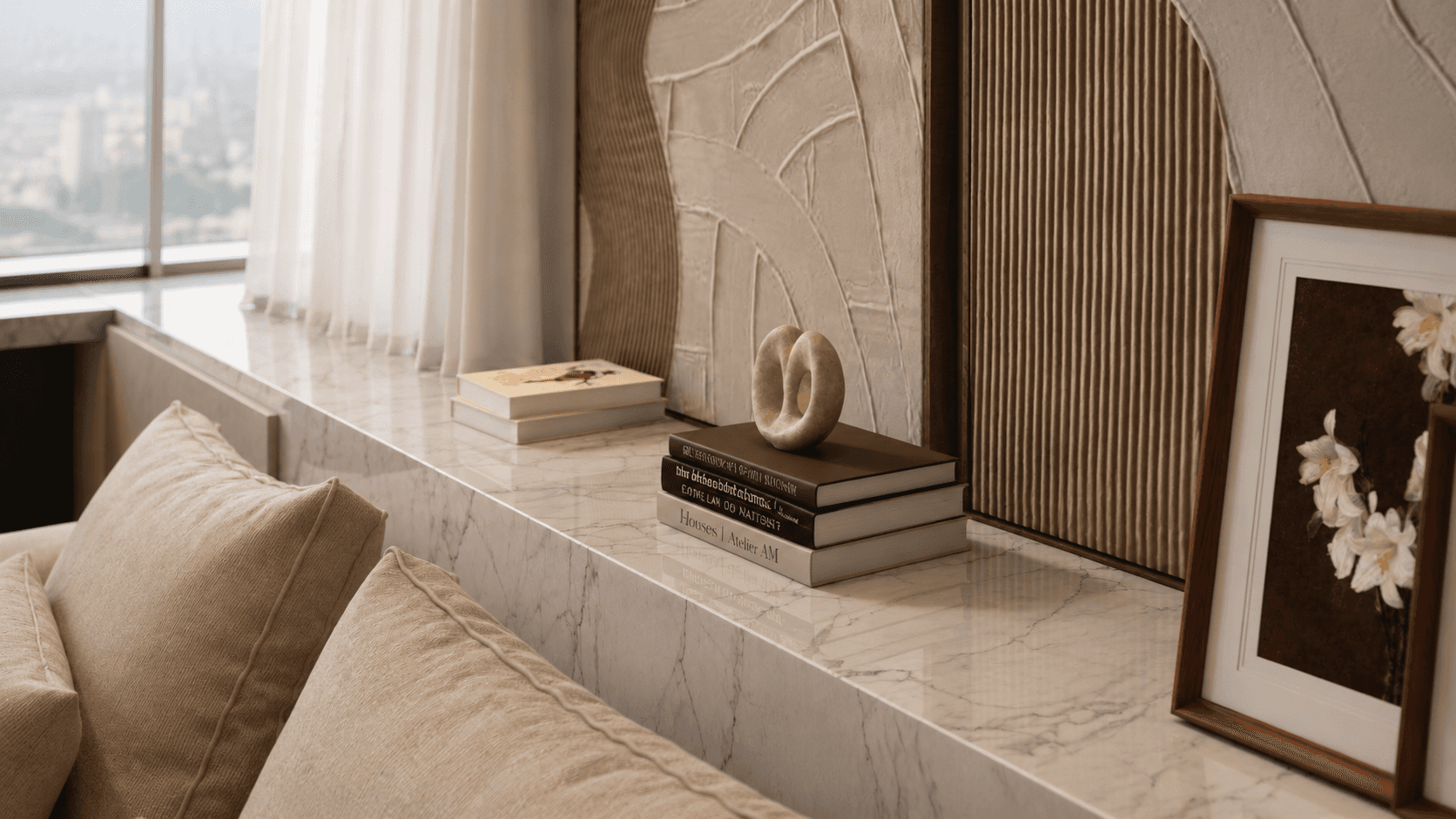 Brown suede tufted sofa cushion with button detailing in warm interior lighting.
