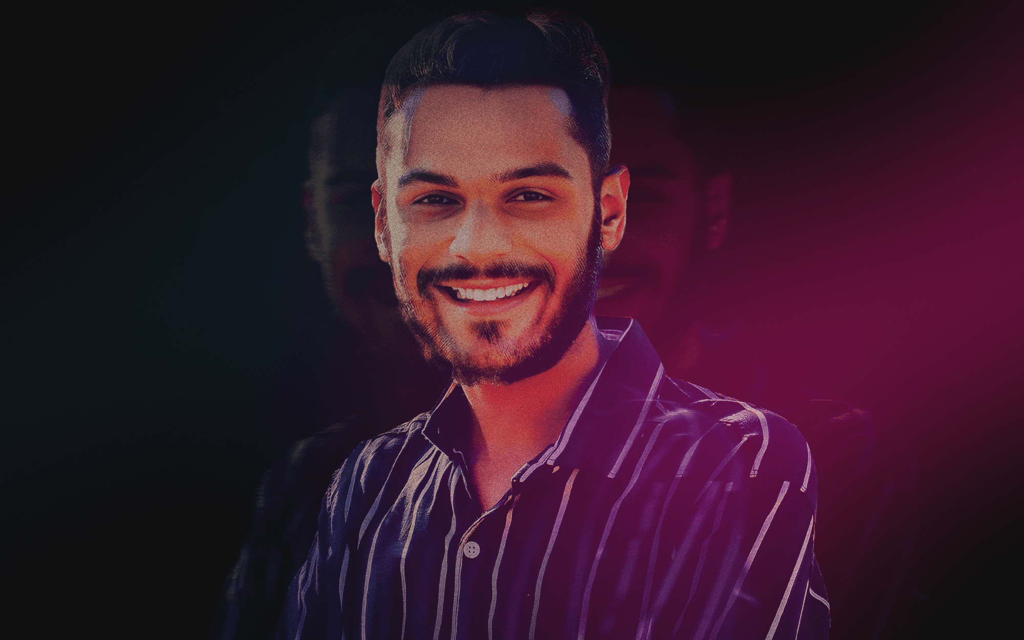 Artistic portrait with red and blue lighting creating a dramatic effect