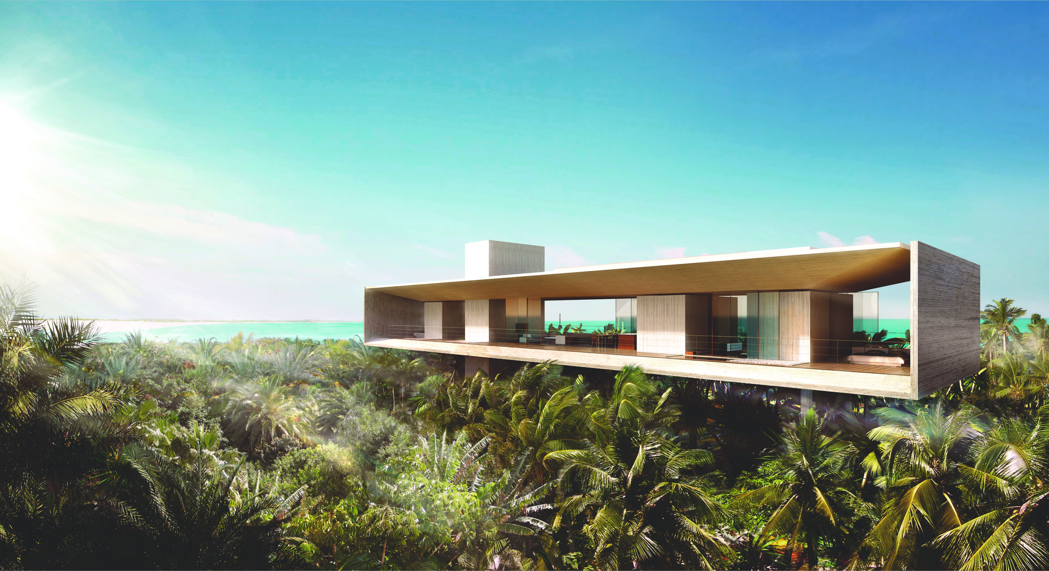 Tree Top Villa by IMaestri Group: Elevated modern residence set within a dense tropical tree canopy, offering expansive ocean views.