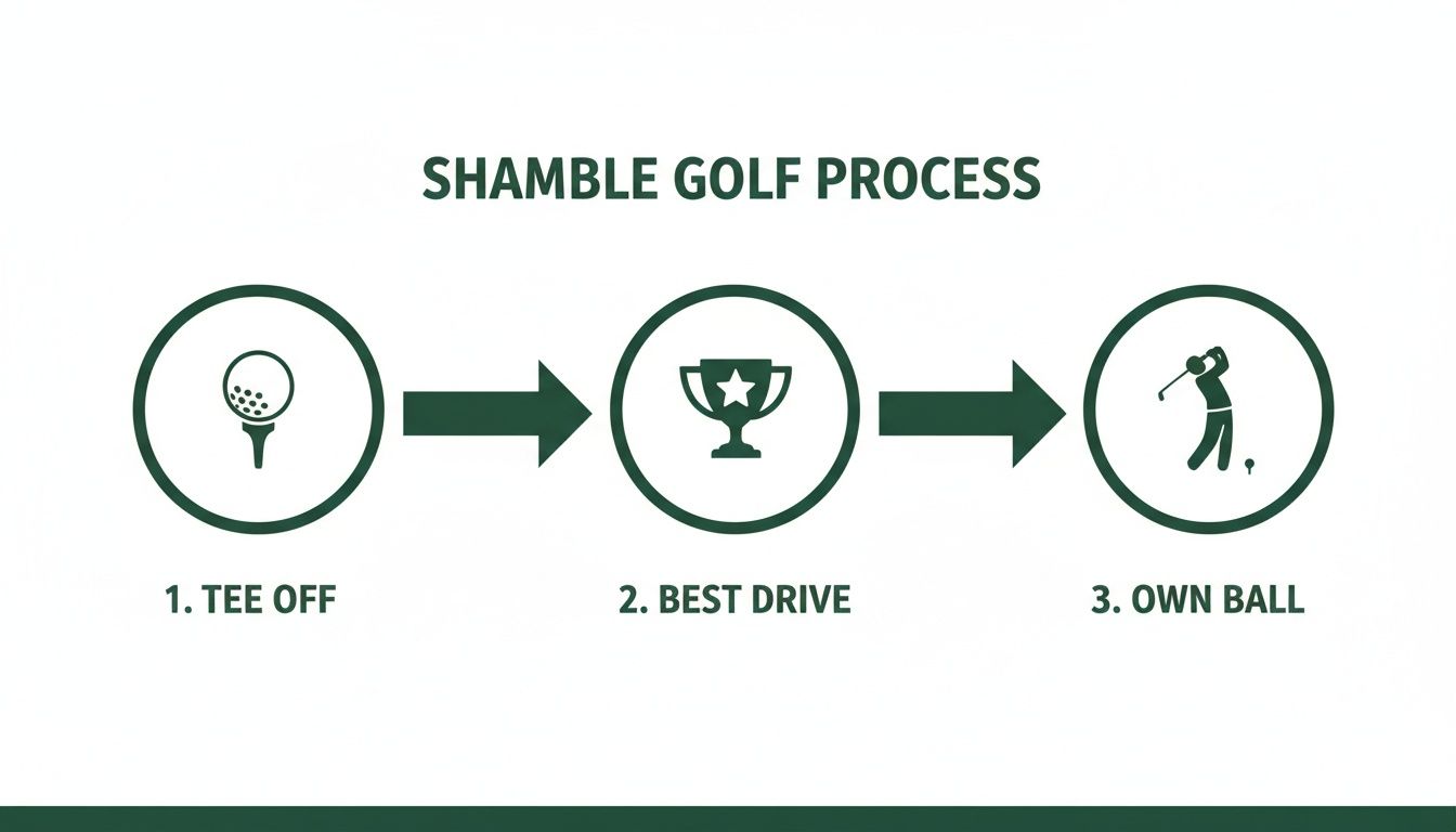 A flow diagram illustrating the three-step 'Shamble Golf Process': Tee Off, Best Drive, and Own Ball.