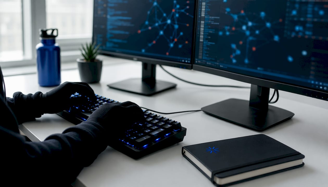 Over-shoulder view of developer typing on backlit keyboard in dark setup