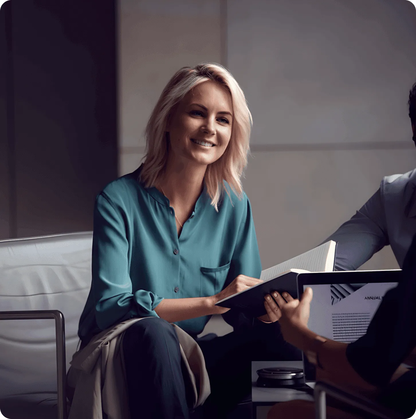 Business channel partner - Blonde woman smiling, holding notebook during business meeting, blue blouse.