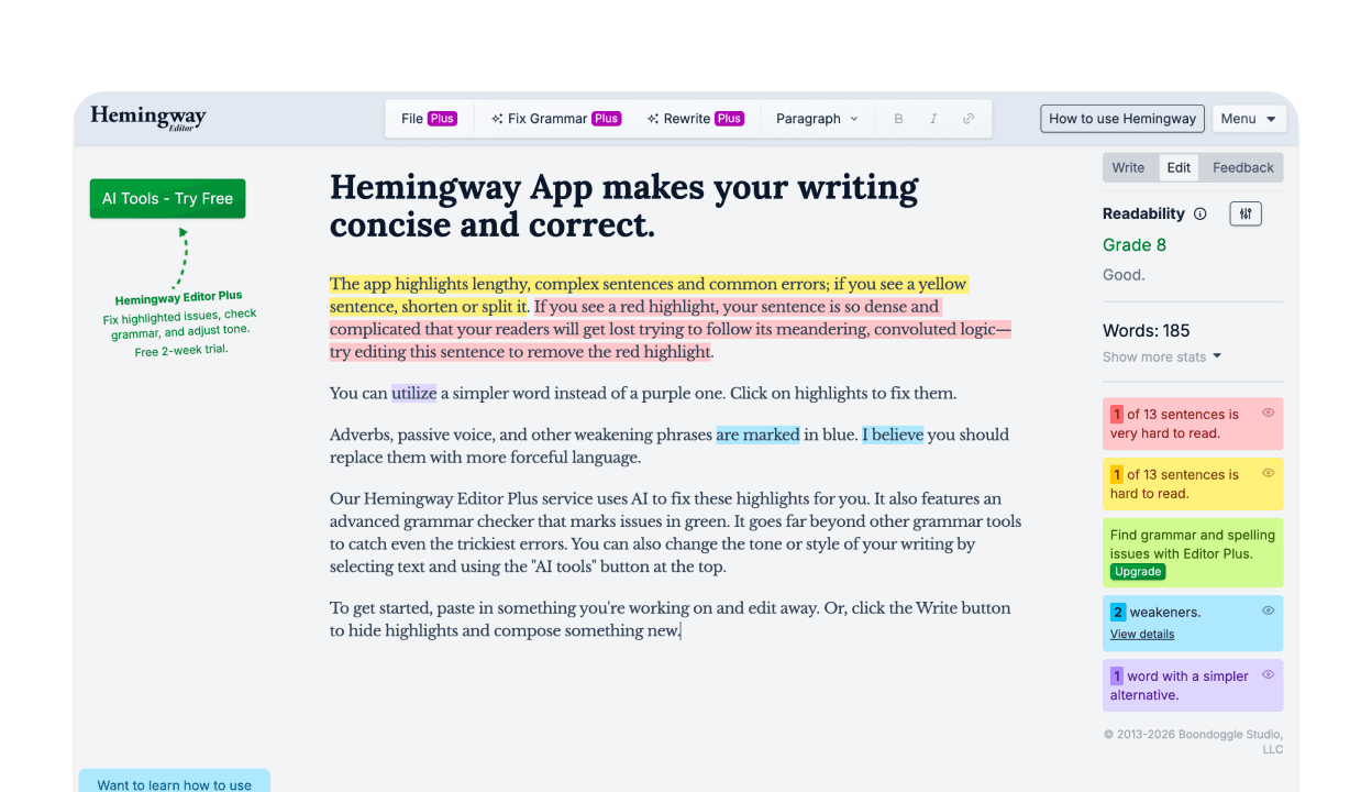 Hemingway Editor readability highlights