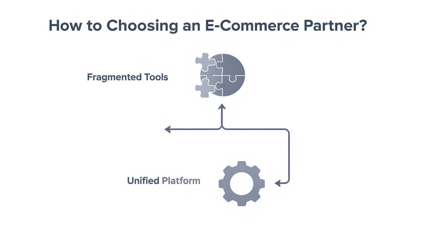 Infographic decision tree comparing fragmented e-commerce tools versus a unified platform for private and white label businesses.